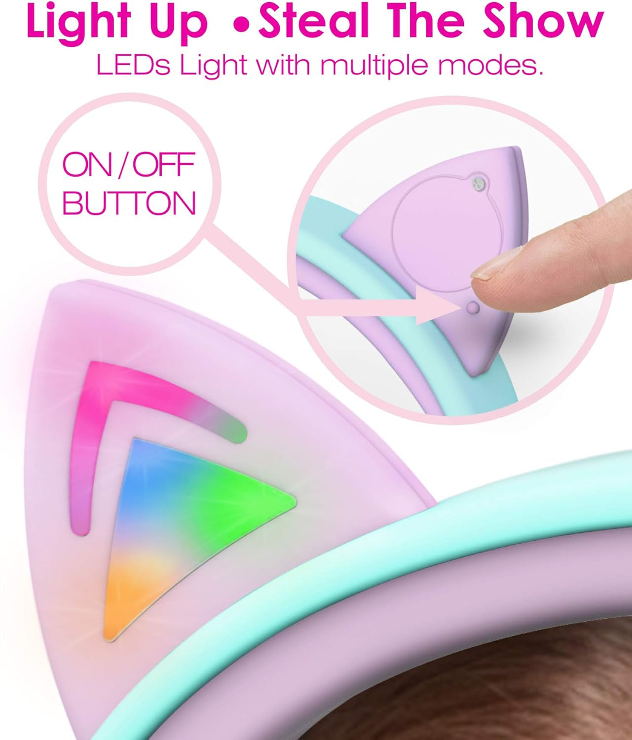 Children's Wired Headphones with LED Cat Ears and 85dB Volume Limitation, Soft On-Ear Design with Tangle-Free Cables for iPad, Tablet, School, and Travel - Teal/Light Purple