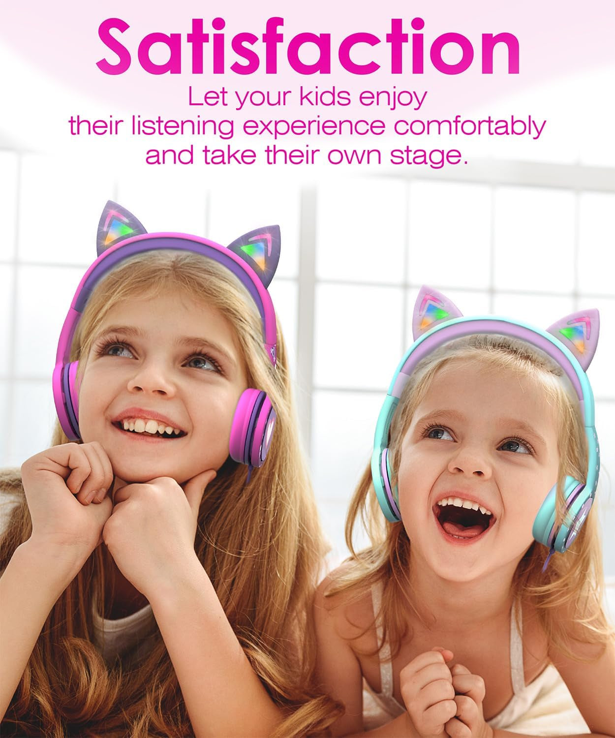 Children's Wired Headphones with LED Cat Ears and 85dB Volume Limitation, Soft On-Ear Design with Tangle-Free Cables for iPad, Tablet, School, and Travel - Teal/Light Purple