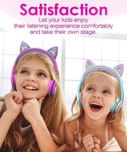 Children's Wired Headphones with LED Cat Ears and 85dB Volume Limitation, Soft On-Ear Design with Tangle-Free Cables for iPad, Tablet, School, and Travel - Teal/Light Purple