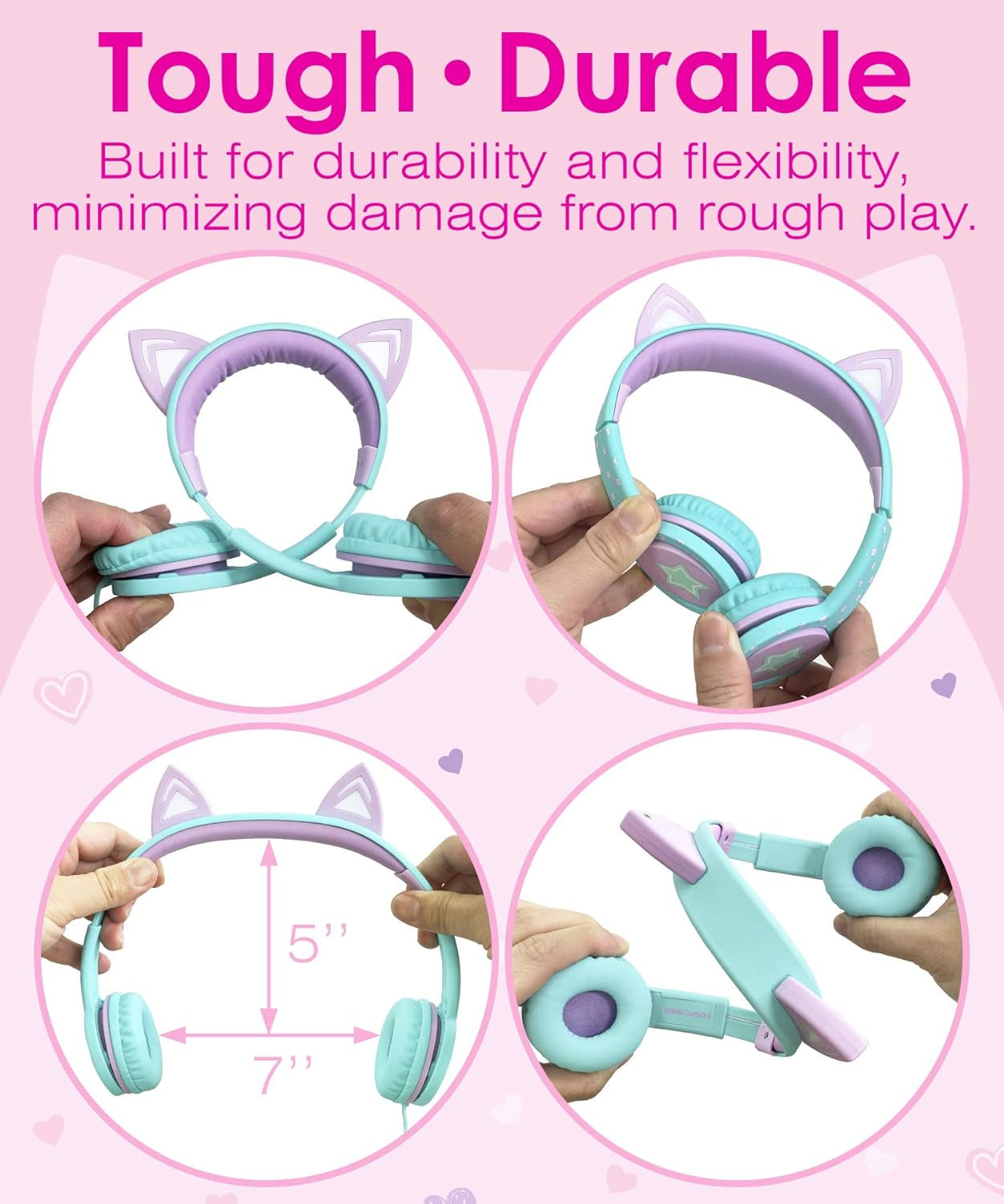 Children's Wired Headphones with LED Cat Ears and 85dB Volume Limitation, Soft On-Ear Design with Tangle-Free Cables for iPad, Tablet, School, and Travel - Teal/Light Purple