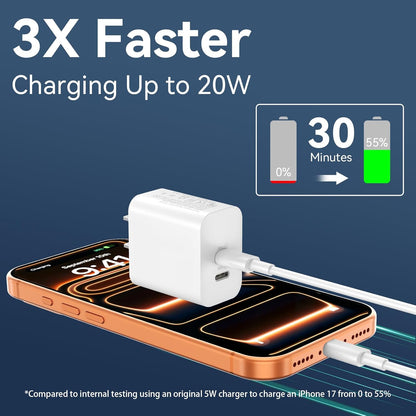 20W USB-C Charger with 12FT Fast Charging Cable for iPhone 17/16/15 Pro Max, Pro, Plus, and Android Devices