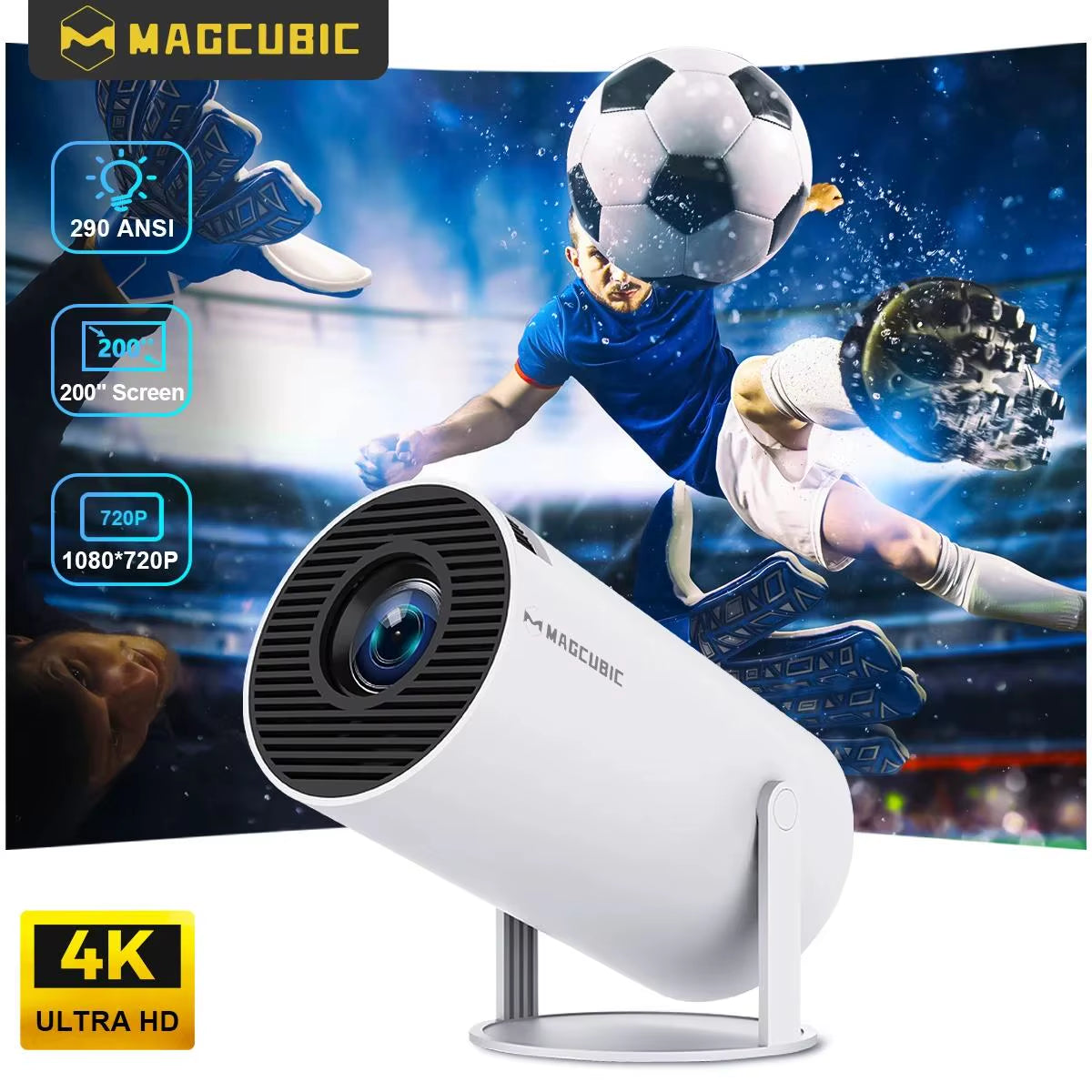 HY300 PRO 8K Android Projector with Dual WiFi 6, 290 ANSI Lumens, Allwinner H726, Bluetooth 5.4, 1080P, and 1280x720 Resolution for Home Cinema and Outdoor Use