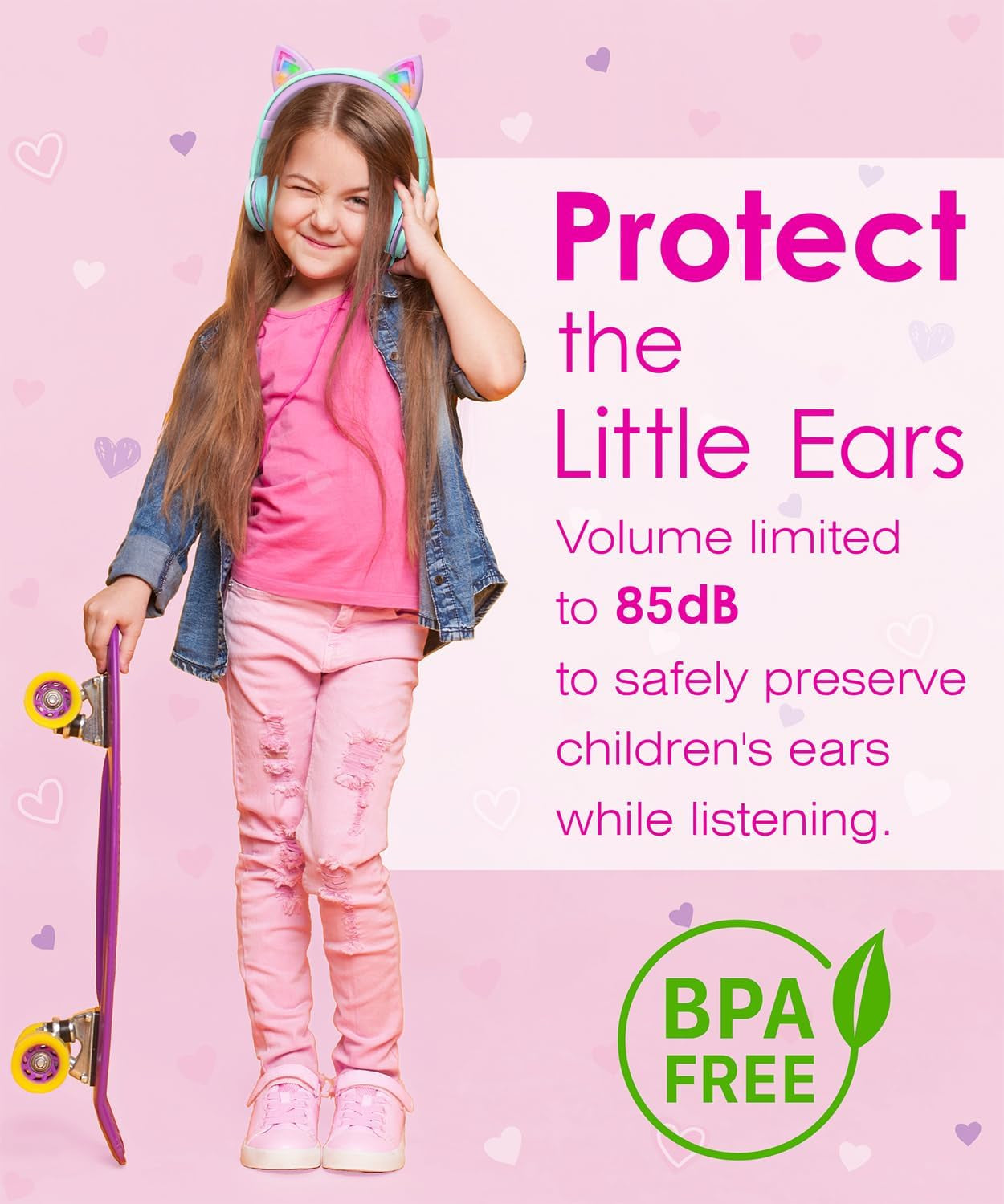 Children's Wired Headphones with LED Cat Ears and 85dB Volume Limitation, Soft On-Ear Design with Tangle-Free Cables for iPad, Tablet, School, and Travel - Teal/Light Purple