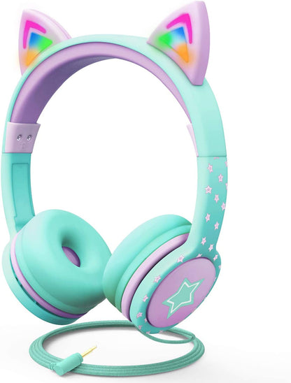 Children's Wired Headphones with LED Cat Ears and 85dB Volume Limitation, Soft On-Ear Design with Tangle-Free Cables for iPad, Tablet, School, and Travel - Teal/Light Purple