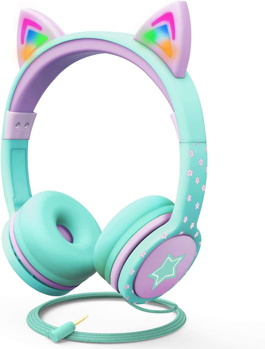 Children's Wired Headphones with LED Cat Ears and 85dB Volume Limitation, Soft On-Ear Design with Tangle-Free Cables for iPad, Tablet, School, and Travel - Teal/Light Purple