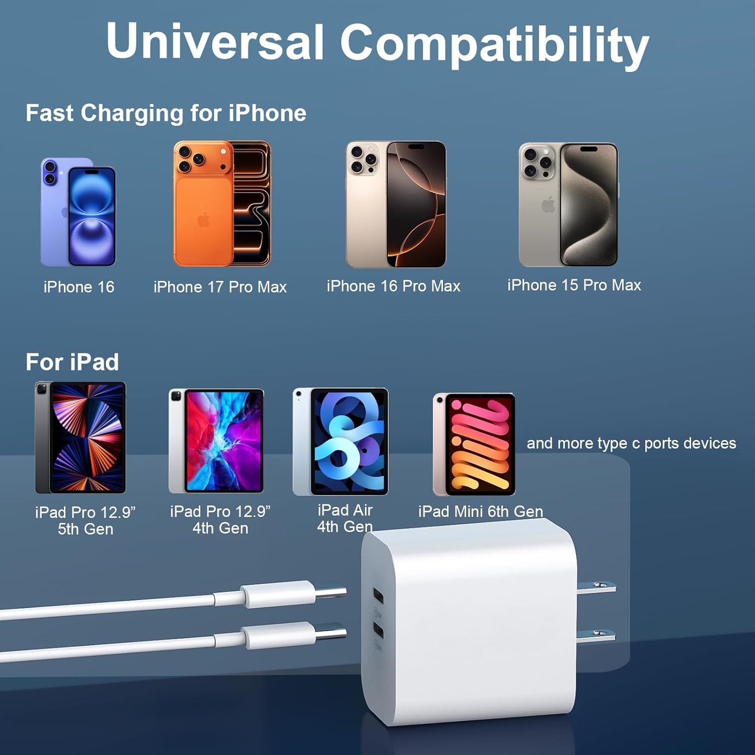 20W USB-C Charger with 12FT Fast Charging Cable for iPhone 17/16/15 Pro Max, Pro, Plus, and Android Devices