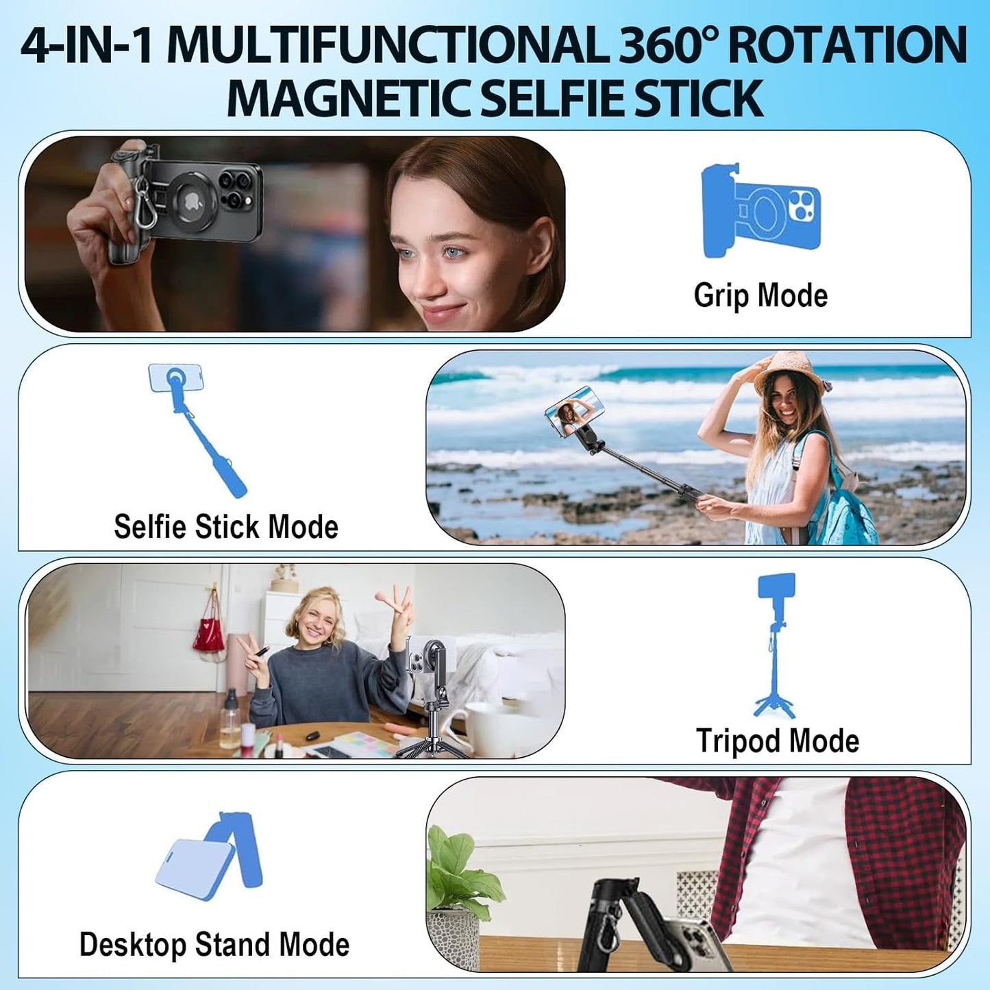 Professional Multifunctional 360° Rotating Magnetic Selfie Stick and Tripod with Detachable Remote Control and Extendable Phone Stand for Video Recording and Vlogging