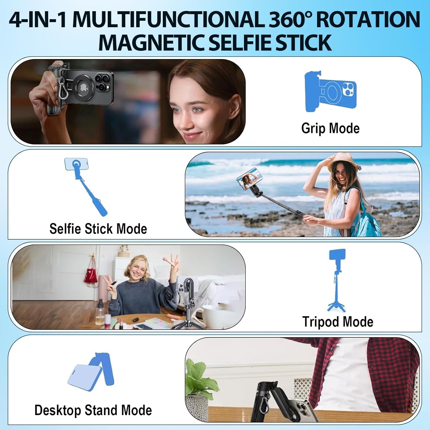 Professional Multifunctional 360° Rotating Magnetic Selfie Stick and Tripod with Detachable Remote Control and Extendable Phone Stand for Video Recording and Vlogging