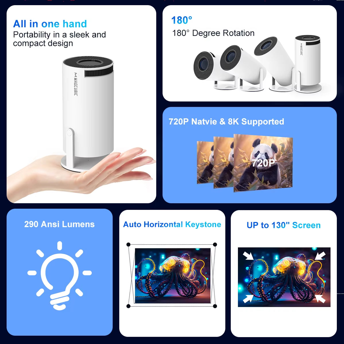 HY300 PRO 8K Android Projector with Dual WiFi 6, 290 ANSI Lumens, Allwinner H726, Bluetooth 5.4, 1080P, and 1280x720 Resolution for Home Cinema and Outdoor Use